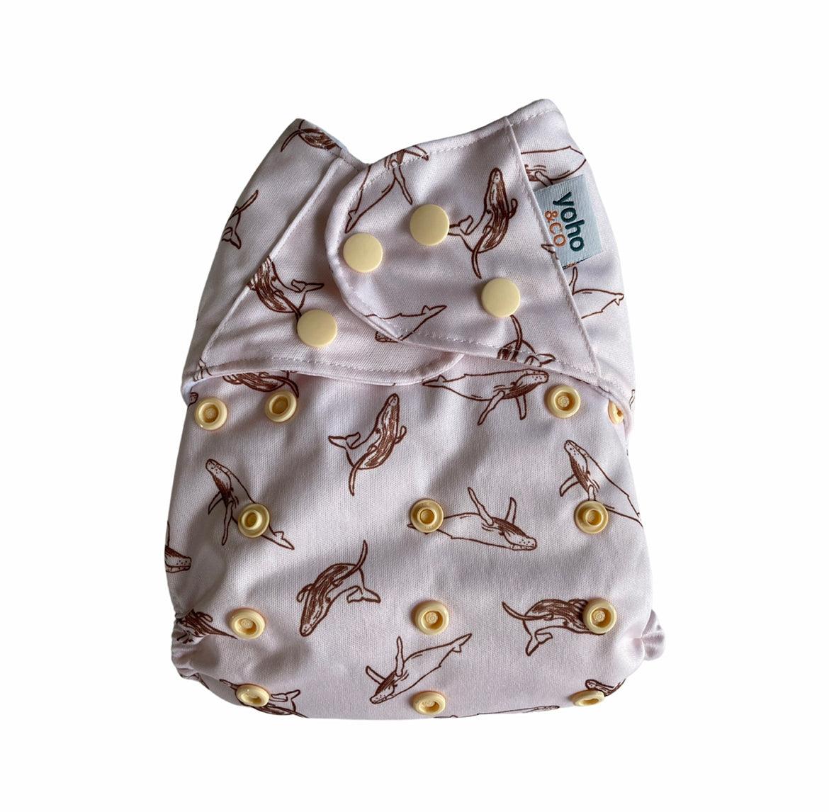 Yoho Baby & co. Reusable Classic Cotton Cloth Nappy NZ - Toffee Whales Print