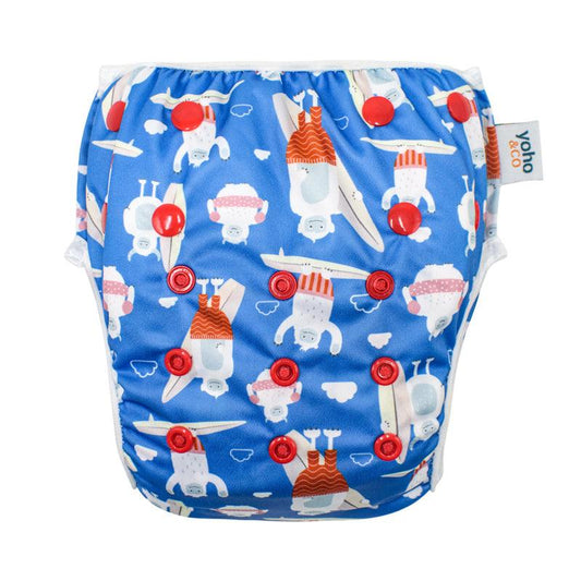 Yoho Baby & co. The best reusable cloth swim nappy NZ. Yo-Kiwi Surfer Yeti. Designer Print