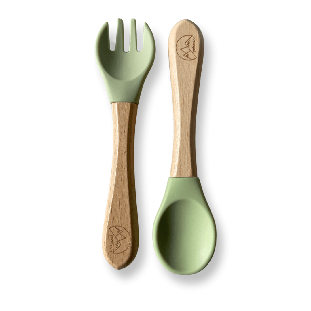 Silicone Baby Fork and Spoon Set - Olive - Yoho Baby & co.