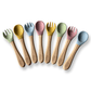 Yoho Baby & co. Silicone and wood mix fork and spoon cutlery set for baby in 4 cool colours