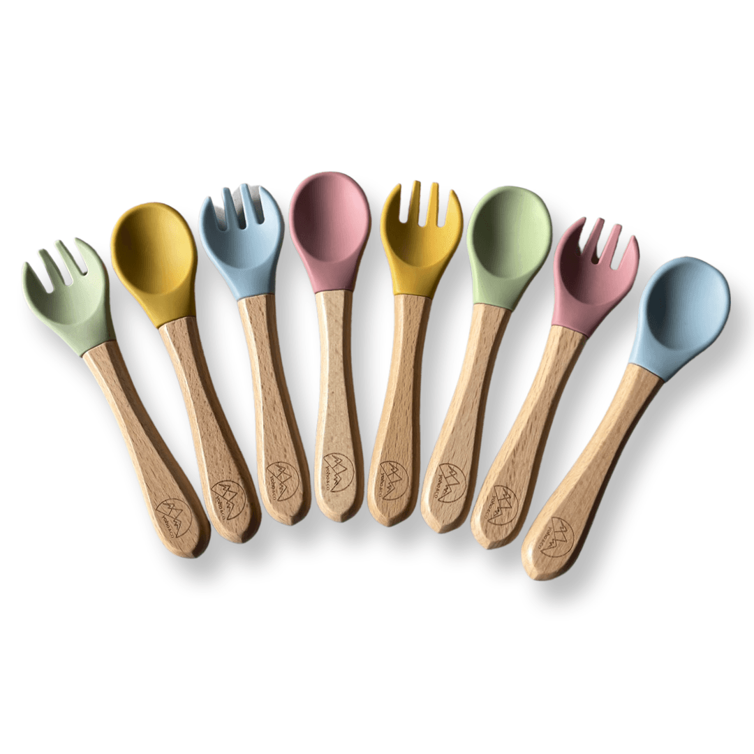 Yoho Baby & co. Silicone and wood mix fork and spoon cutlery set for baby - 4 cool colours to choose from