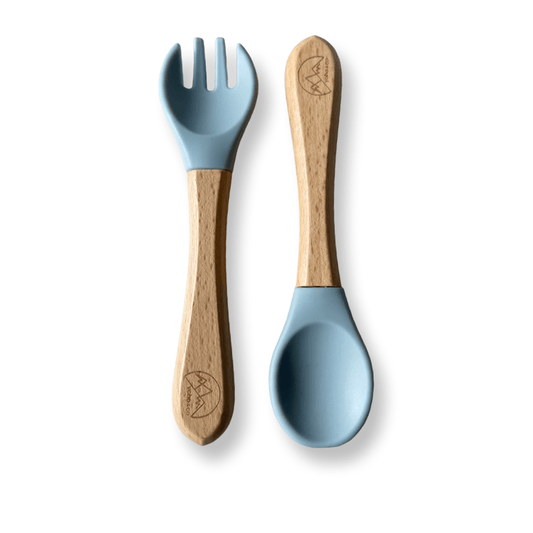Yoho Baby & co. Silicone and wood mix fork and spoon cutlery set for baby. Dusty Blue