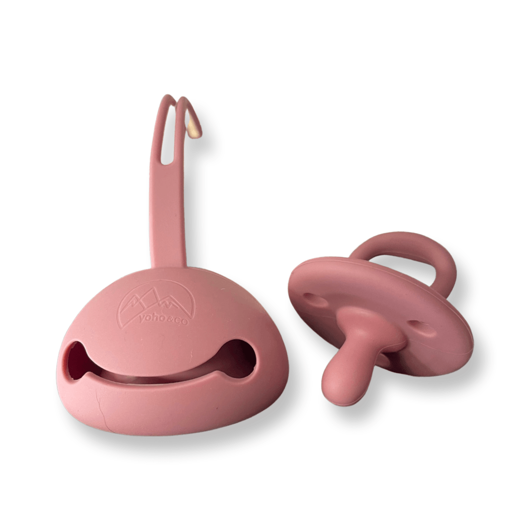 Yoho Baby & co. Soothing silicone pacifier and holder in dark pink