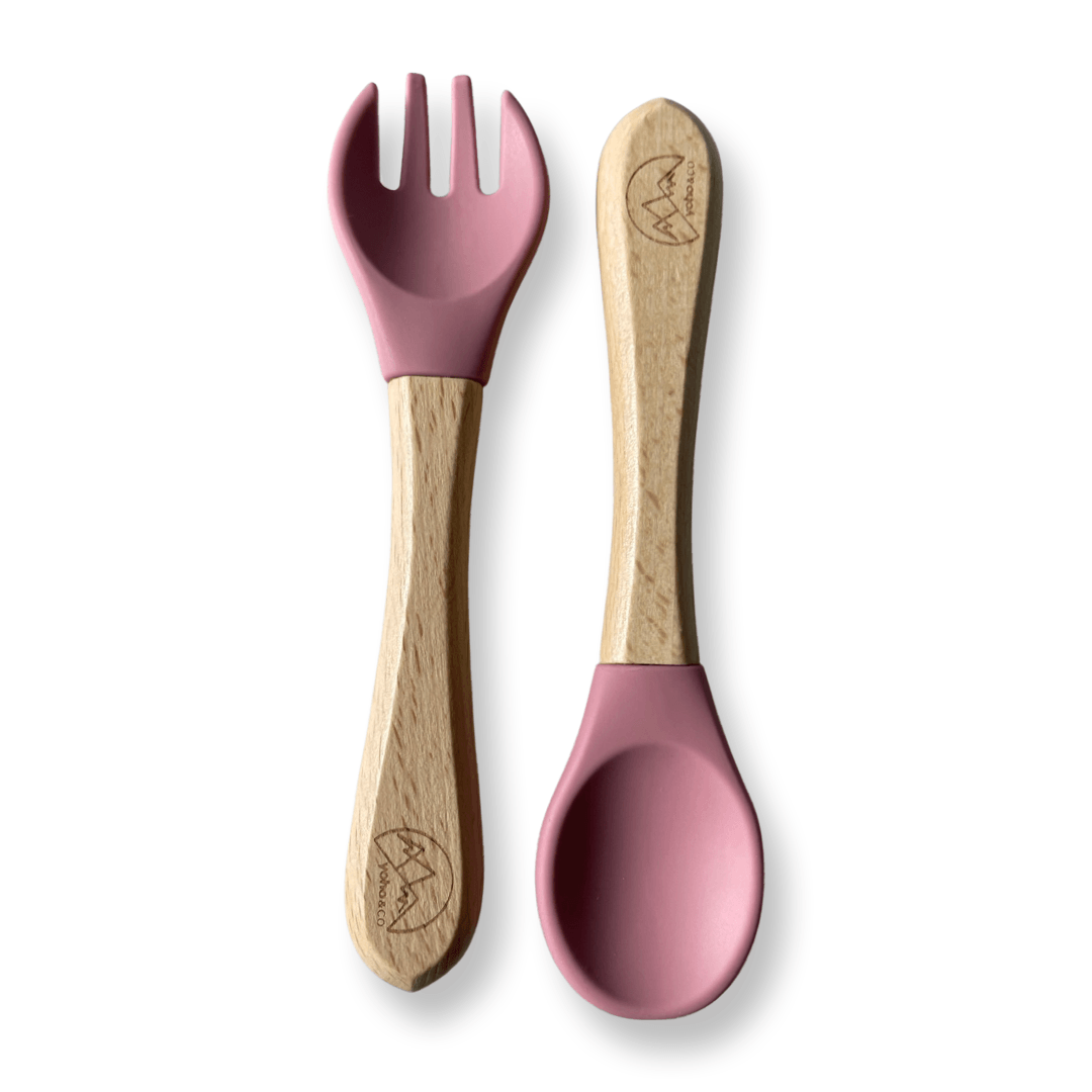 Yoho Baby & co. Silicone and wood mix fork and spoon cutlery set for baby - dark pink