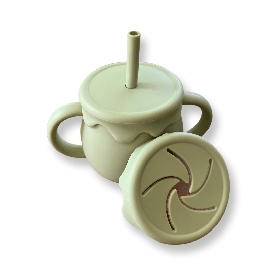 Yoho Baby & co. Super soft silicone baby feeding cup with turns into a snack cup. Olive